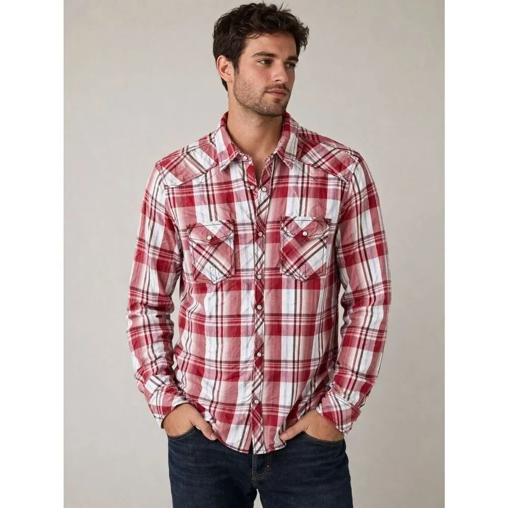 BKE Plaid Western Snap Shirt Mens Medium Red White Blue Cotton